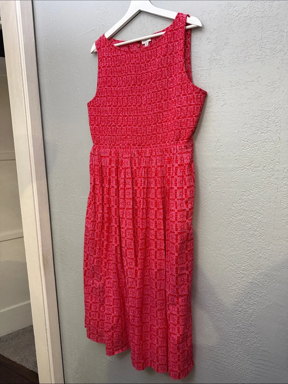 J. CREW Dress Smocked Boatneck Midi Cerise Lotus Bloom Pockets 100% Cotton XL